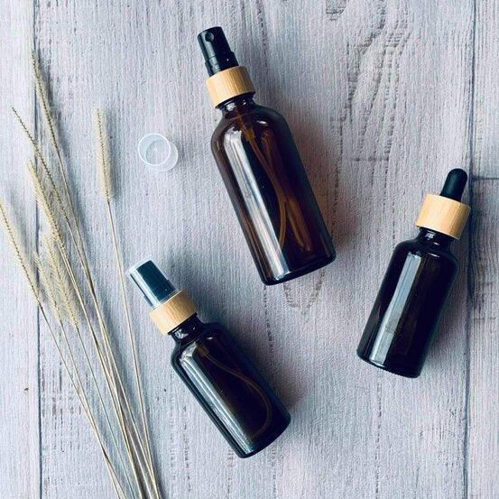 100ml Amber Glass Bottle with Black Bamboo Mister - centaur packaging