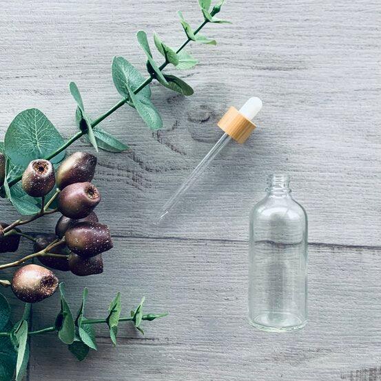 100ml Clear Glass Bottle with Bamboo Dropper - White - centaur packaging