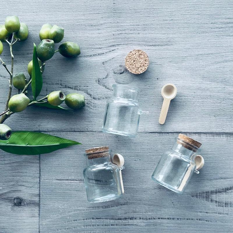 100ml glass bath salt jar with cork lid and spoon attached x 3