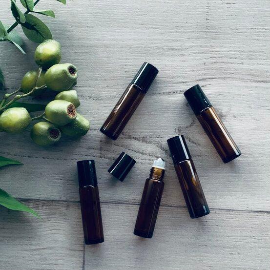 Amber 10ml Glass Roller bottle with Black Lids -Pack of 5 - centaur packaging