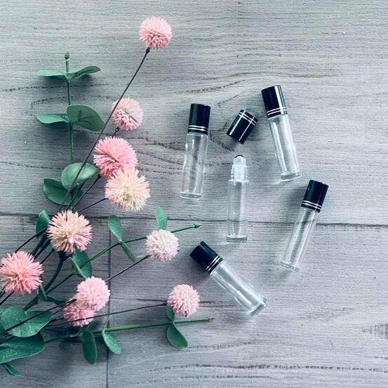 10ml Clear Glass Roller bottle with Black-Silver Lid - 5PK - centaur packaging