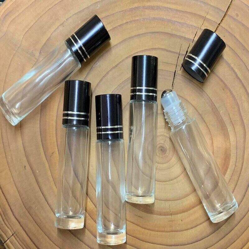 10ml Clear Glass Roller bottle with Black-Silver Lid - 5PK - centaur packaging