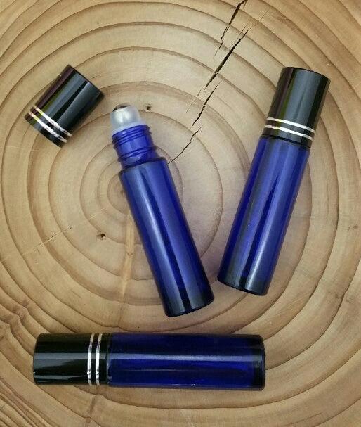 10ml Cobalt Blue Glass Roller Bottle with Black-Silver lid - Pack of 5 - centaur packaging