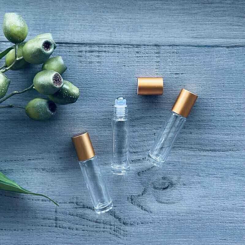 10ml clear roller bottle with deep gold lid x3