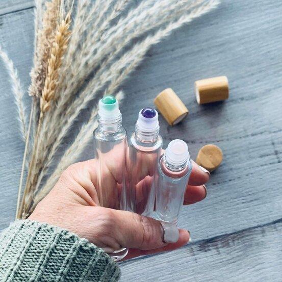 10ml Tall Round Glass Bottle With Amethyst Roller Bamboo Lid - centaur packaging