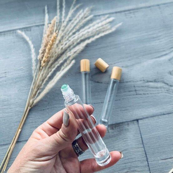 10ml Tall Round Glass Bottle With Green Aventurine Roller Bamboo Lid - centaur packaging