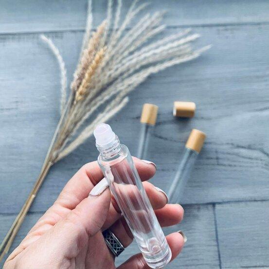10ml Tall Round Glass Bottle with Rose Quartz Roller Bamboo Lid - centaur packaging