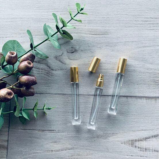 10ml Tall Square Glass Bottle with Gold Mister Spray - centaur packaging