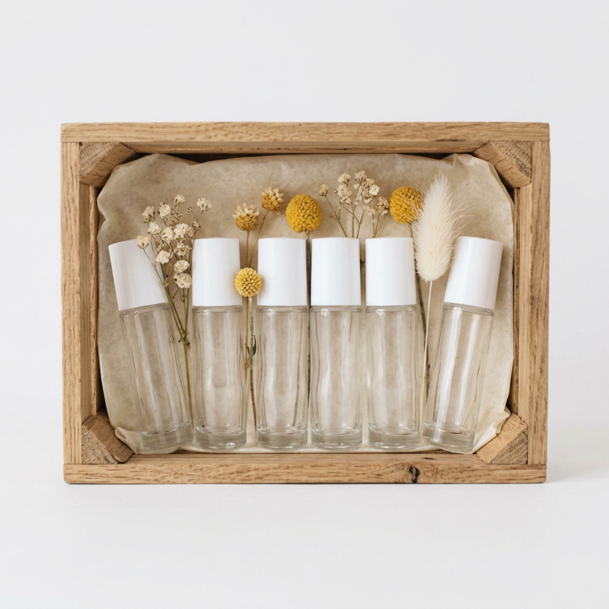 clear roller bottles in timber display box