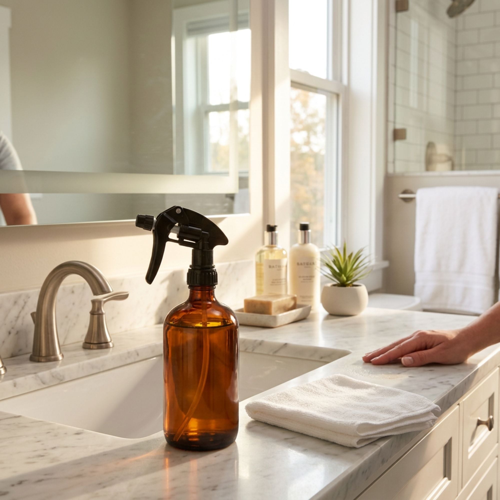 amber bottles in bathroom