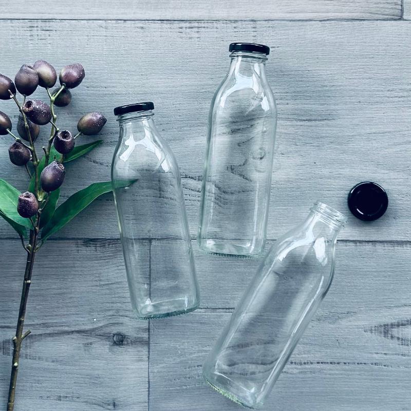 750ml clear glass juice bottle with metal black lid