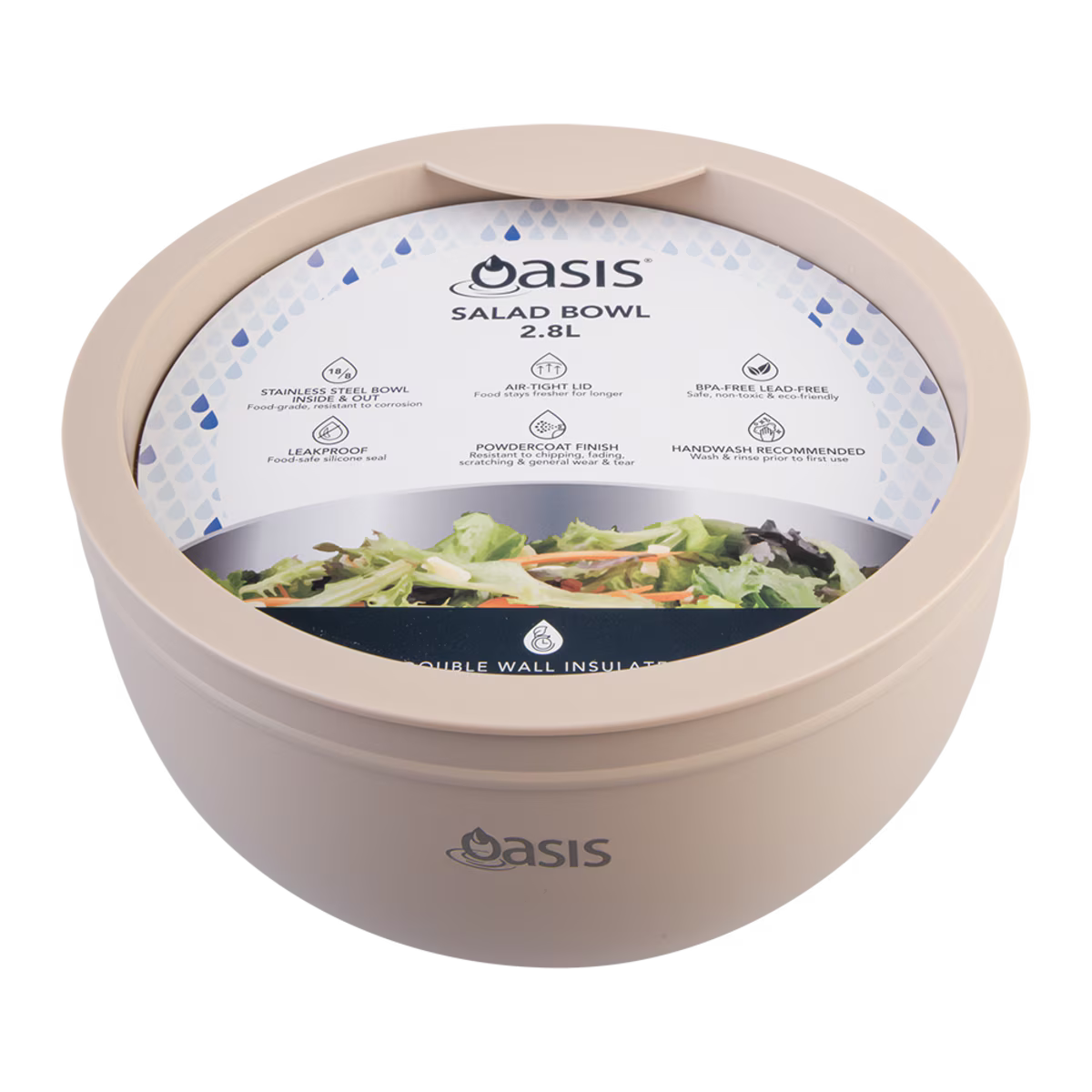 Oasis S/S Double Wall Salad Bowl with Lid 2.8lt - Oat