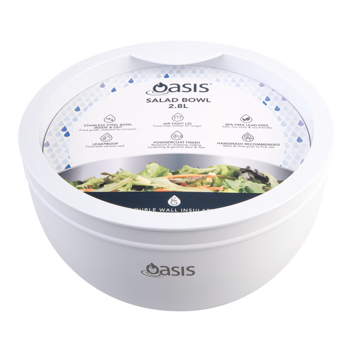 Oasis S/S Double Wall Salad Bowl with Lid 2.8lt - White