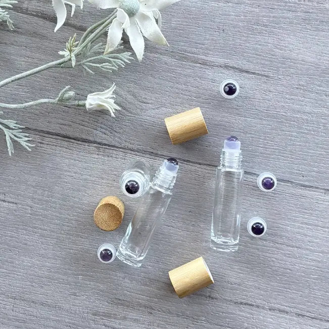 10ml Clear Bottle with Gemstone Roller Ball & Bamboo Lid - Amethyst