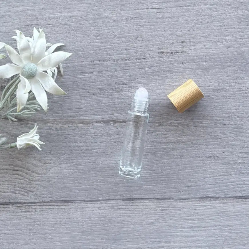 10ml Clear Bottle with Gemstone Roller Ball & Bamboo Lid - Rose Quartz