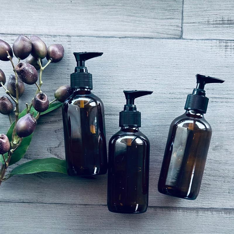 240ML amber glass bottle with plastic lack pump x3