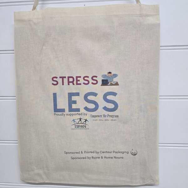 Calico tote bag with 'Stress Less' text custom printed - centaur packaging
