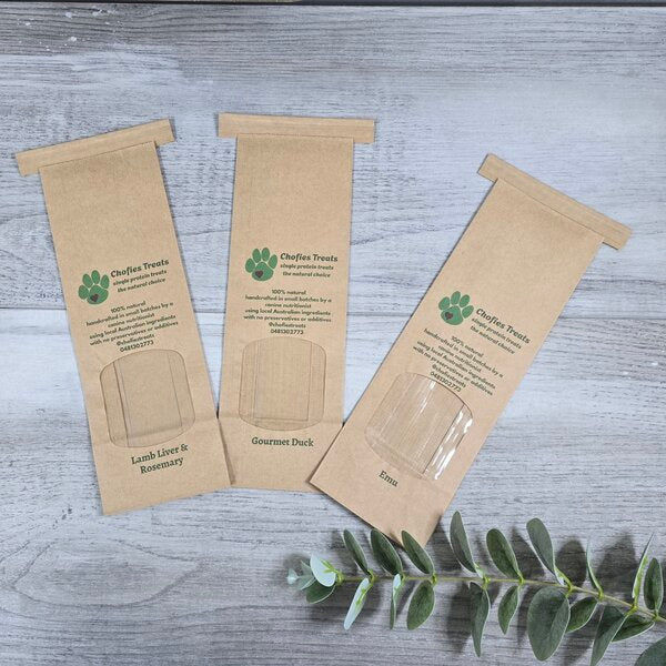 Three brown custom printed tin tie paper bags - centaur packaging