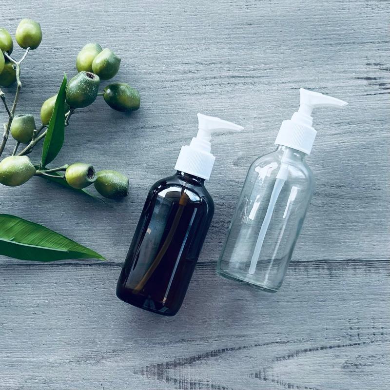 240ml clear & amber glass bottle with white plastic pump