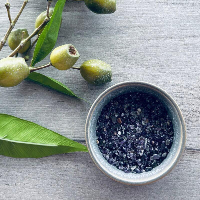 amethyst crystals in bowl