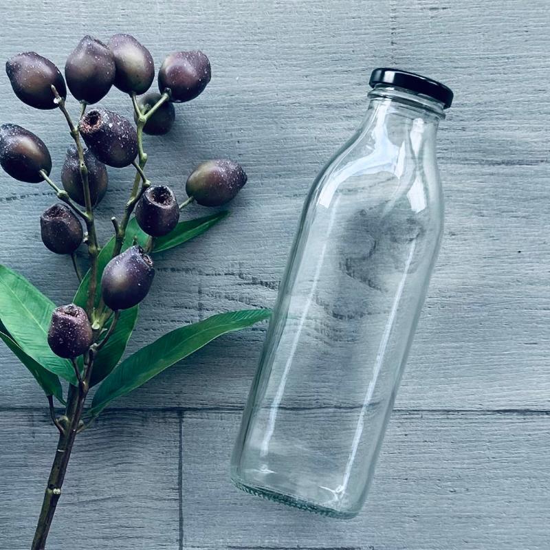 750ml clear glass juice bottle with metal black lid