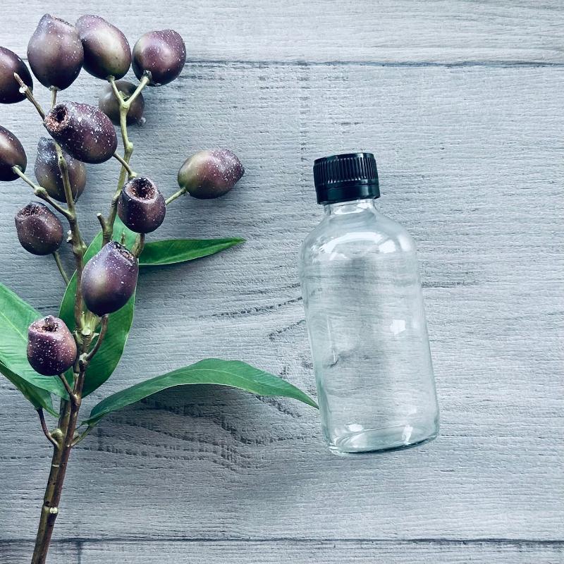 240ml clear glass bottle with black tamper evident twist lid