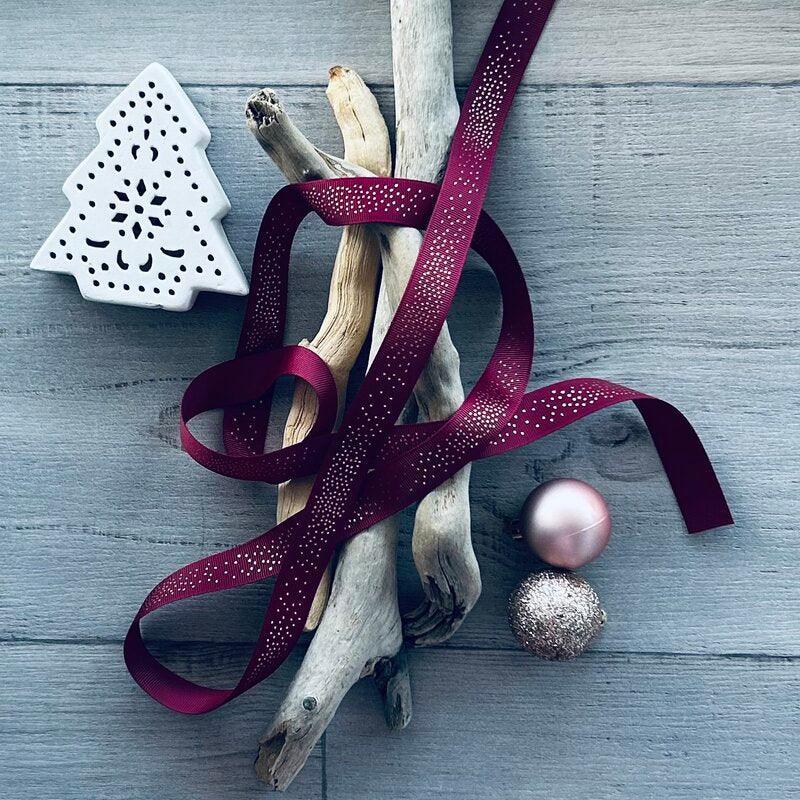 grosgrain burgandy and gold dots ribbon 20mm x 20mt