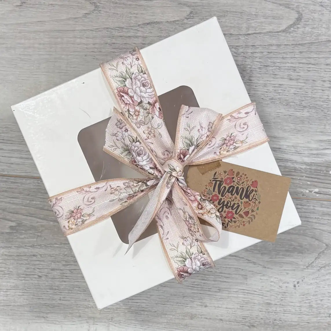 window cake box with vintage floral ribbon and thank you card