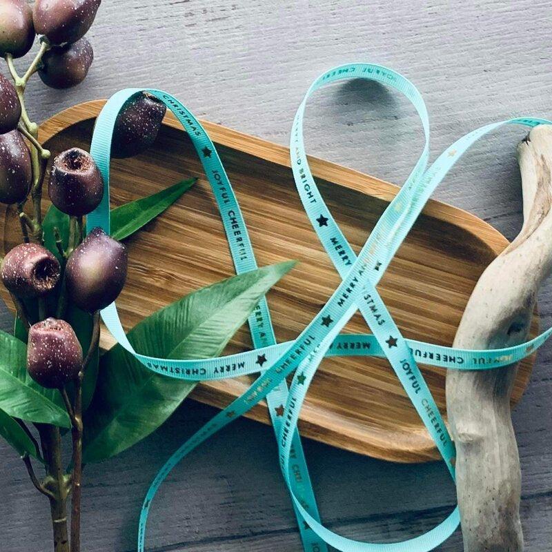 Christmas Cheer Grosgrain Ribbon - Gold on Aqua - centaur packaging