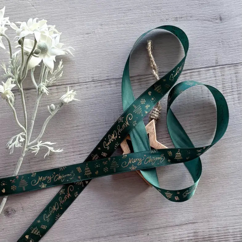 Satin Ribbon Merry Christmas - Green 25mm x 20mt