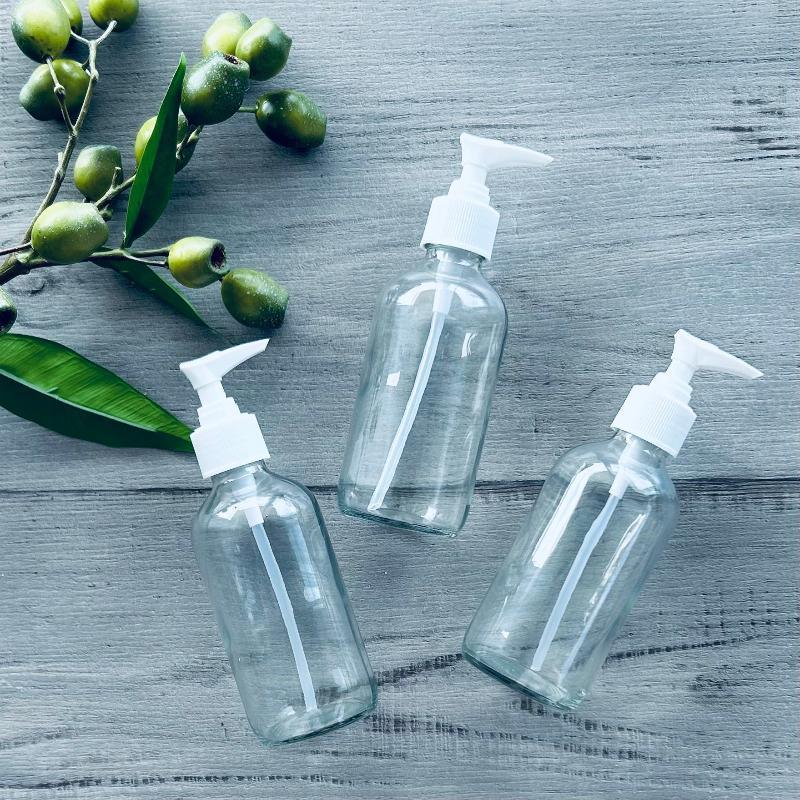 240ml clear glass bottle with white plastic pump x 3