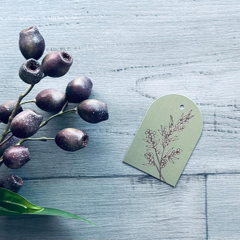 gift tag foil stamped moss wattle