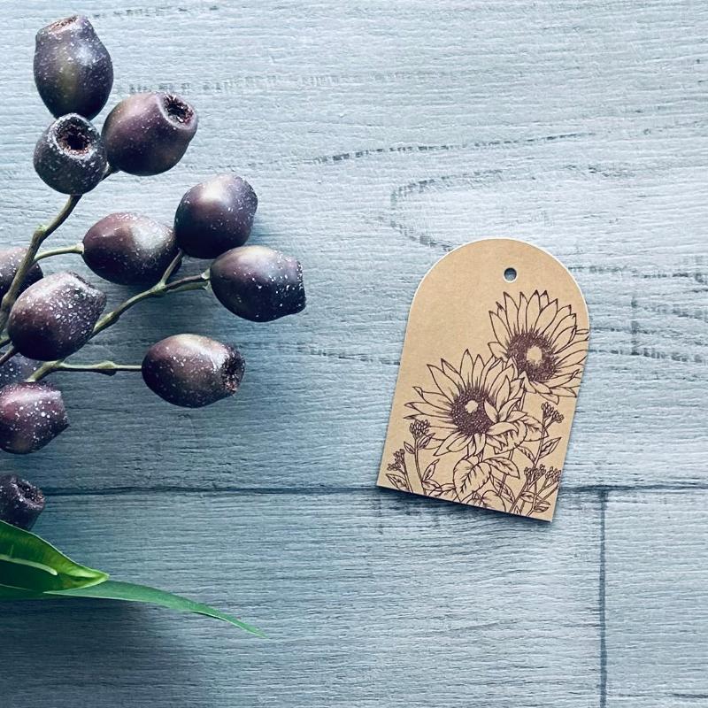 foil stamped gift tag with sunflower mustard colour