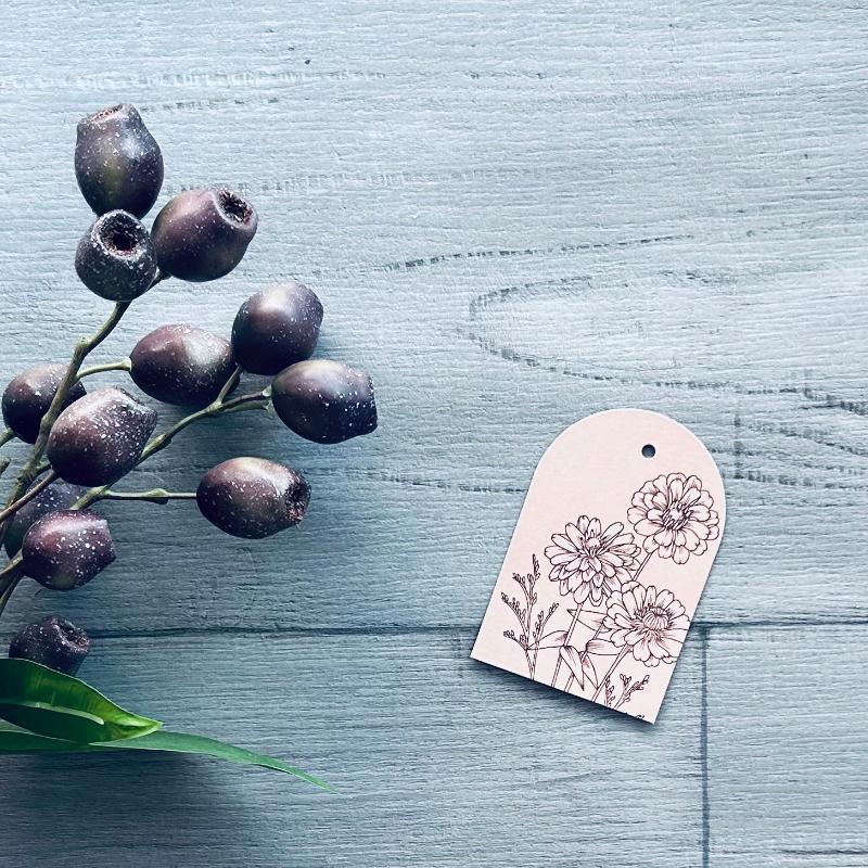 floral gift tag foil stamped peach chrysanthemum