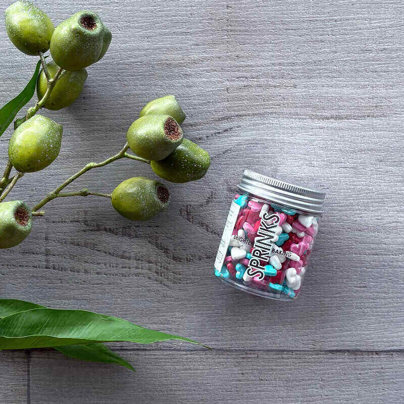 dont go breaking my heart sprinks heart shaped sprinkles 80g jar pink, red, blue and white- centaur packaging