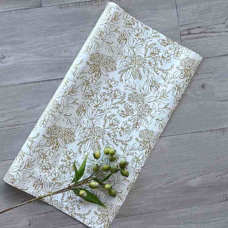 gold hydrangea wrapping paper gold print on white gloss paper 70cm x 10mt roll