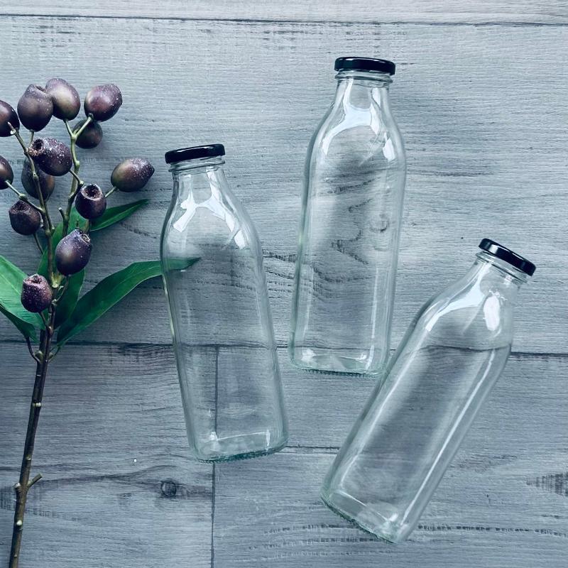750ml clear glass juice bottle with metal black lid