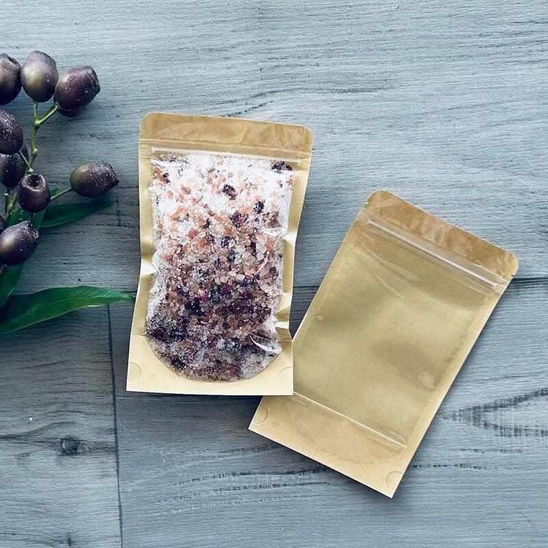 stand up pouch clear front window kraft back bath salts