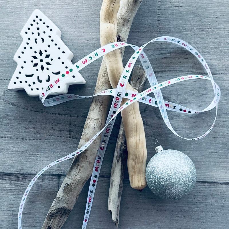 10mm x 20mt grosgrain white ribbon with red, green & old merry Christmas print