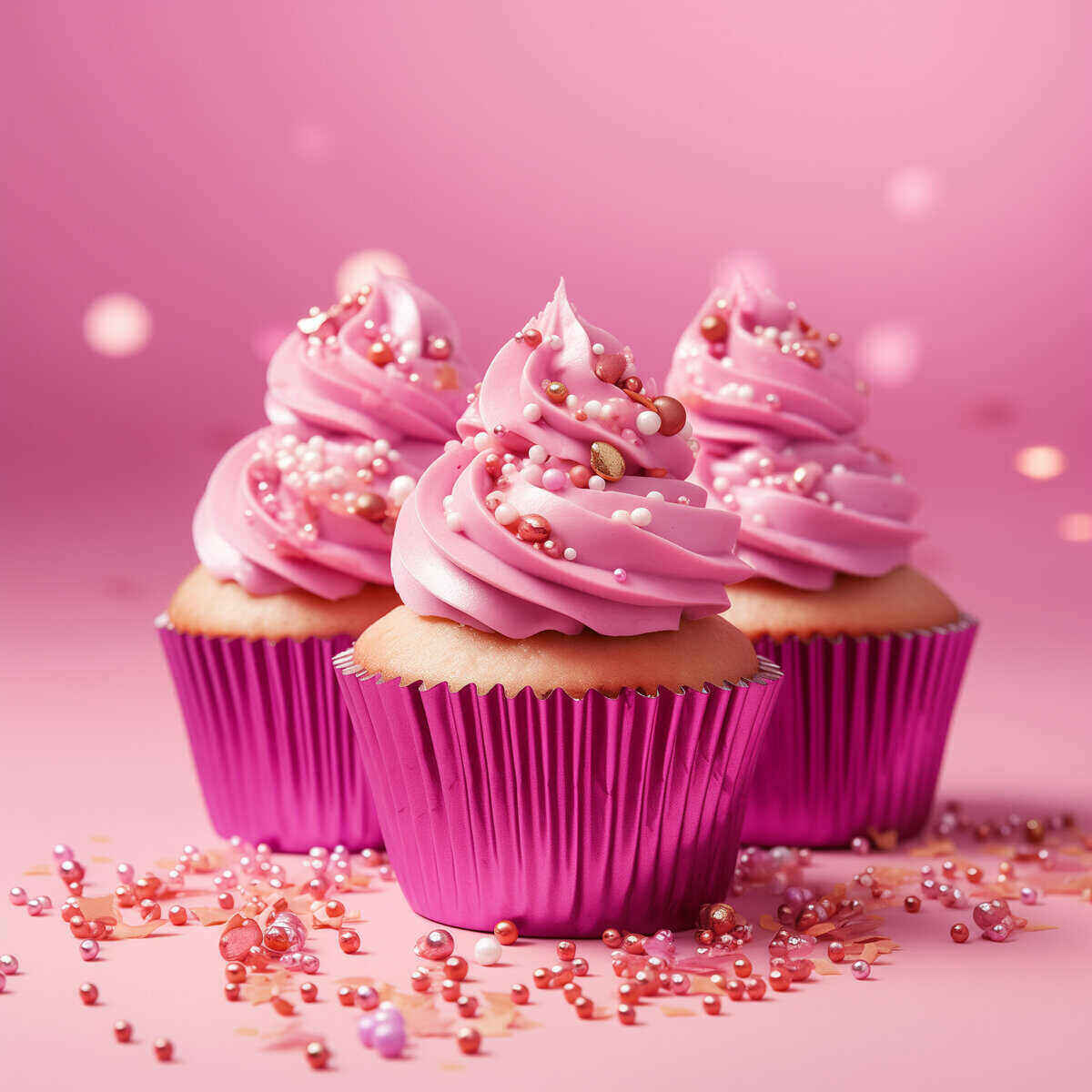Pink cupcakes with pink frosting and pink wrappers on a pink background