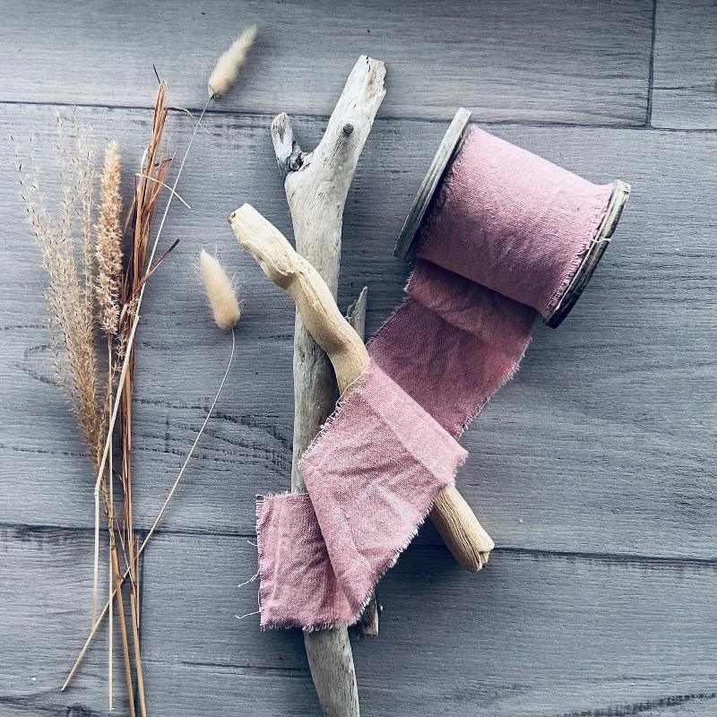 calico ribbon on wooden spool pink 8cm x 5mt