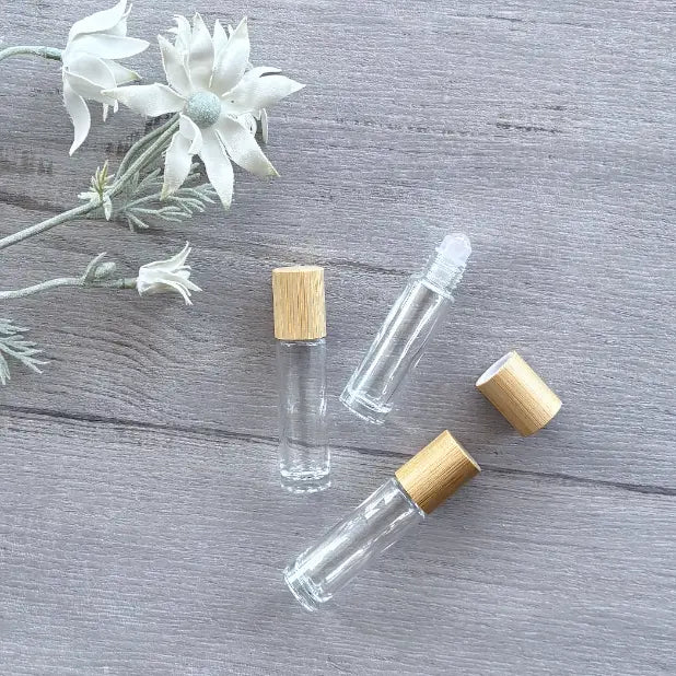 10ml Clear Bottle with Gemstone Roller Ball & Bamboo Lid - Rose Quartz