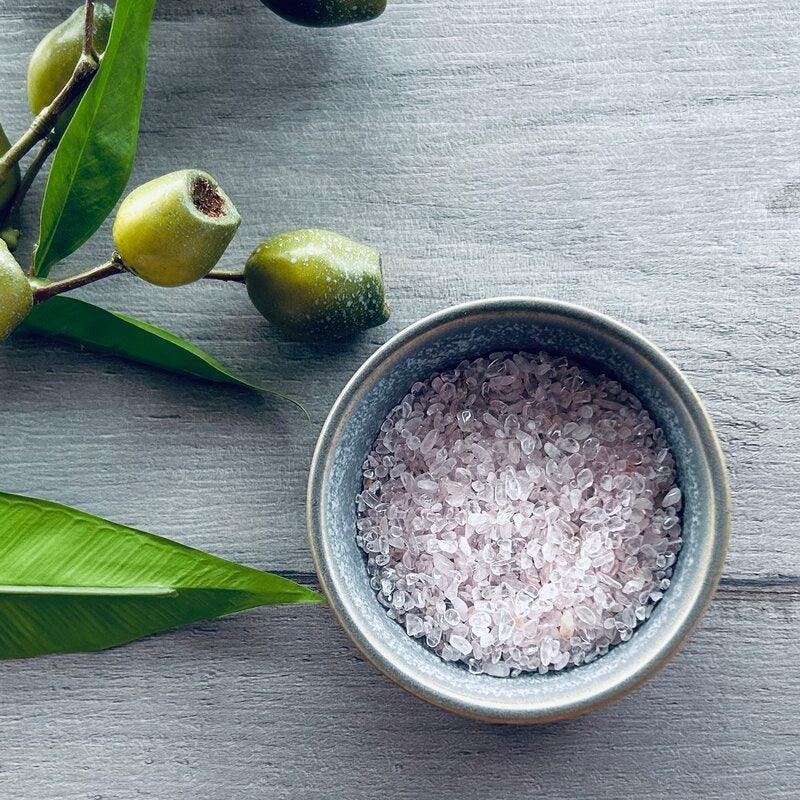 rose quartz crystals in bowl