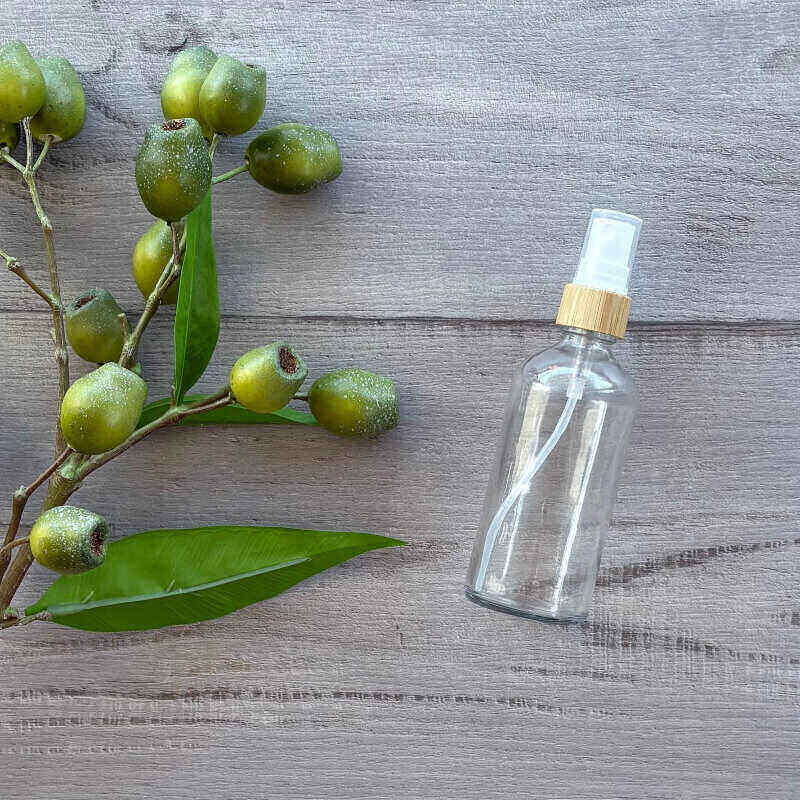 A clear glass bottle with a bamboo mister next to a branch with green leaves on a wooden surface.
