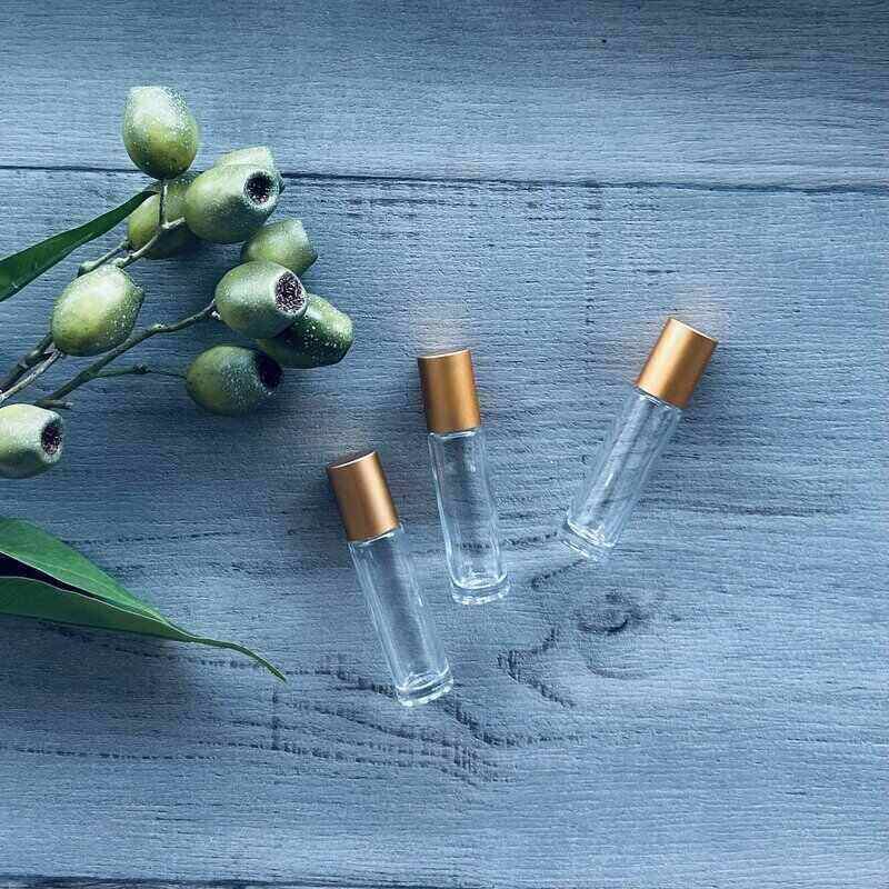 10ml clear roller bottle with deep gold lid x 3