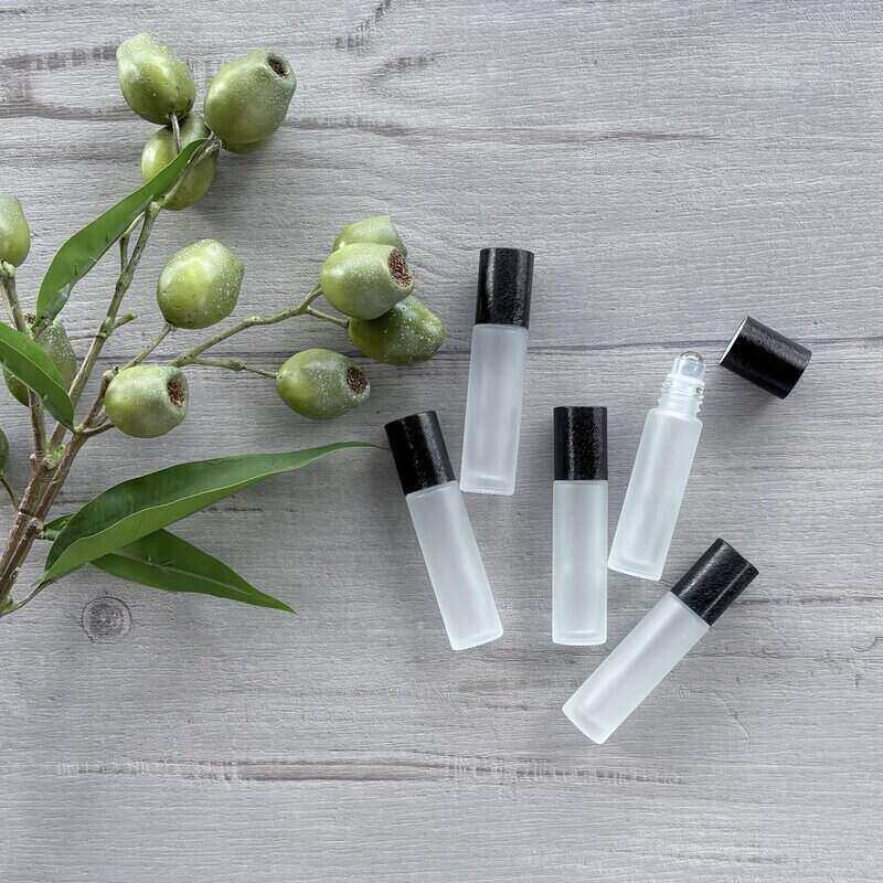 10ml Frosted Roller Bottle with Brushed Black Lid - 5 Pack