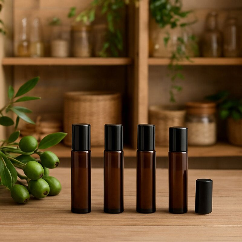 amber roller bottles on timber bench
