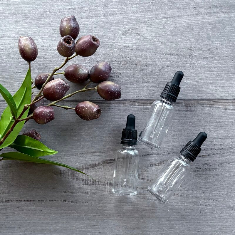 30ml clear glass bottle with black tamper evident dropper x 3