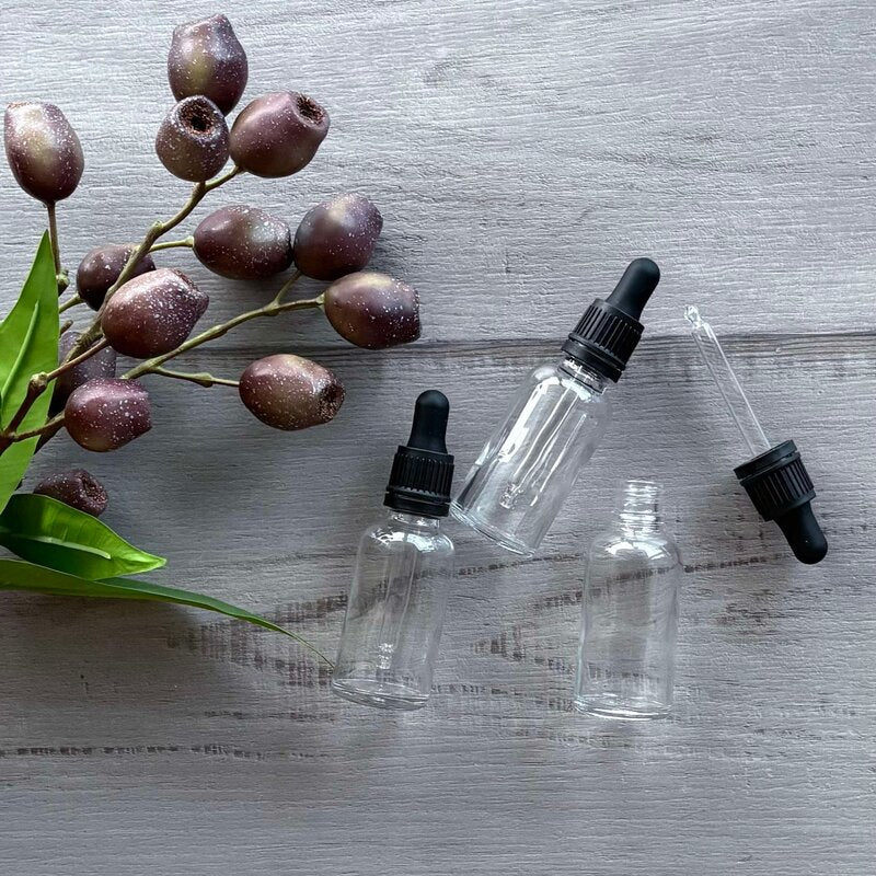 30ml clear glass bottle with black tamper evident dropper x 3