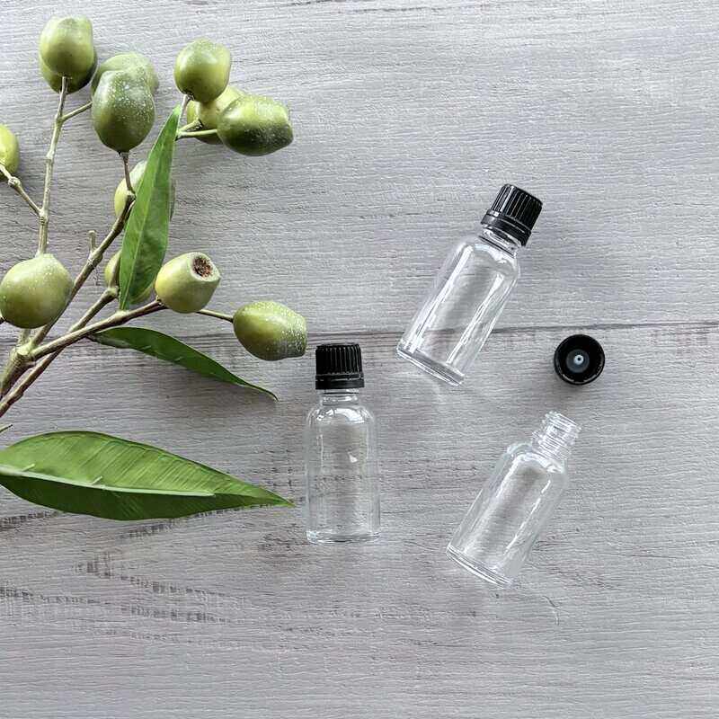 30ml Clear Thick Glass Bottle with Black Dripolator x3 lid off